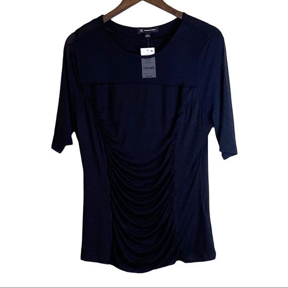 INC Sheer Ruched Short Sleeve Illusion Neck Top - Picture 2 of 9